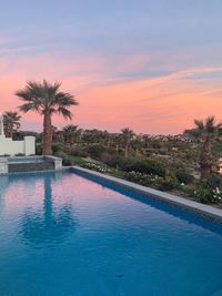 Swimming pool by trees against sky during sunset