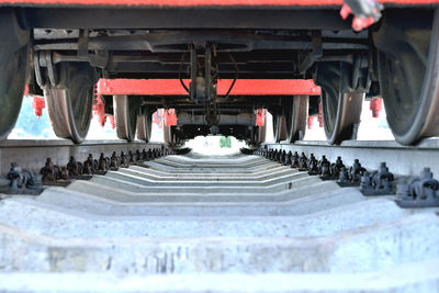 Low section of train on railroad track