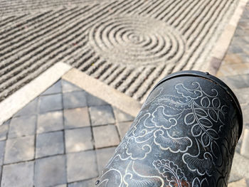 High angle view of carvings on floor