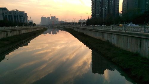 Scenic view of river in city against sky at sunset