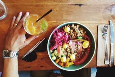 High angle view of breakfast served on table