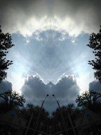 Low angle view of silhouette trees and buildings against sky