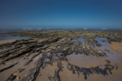 Wet mud on shore at beach against clear blue sky