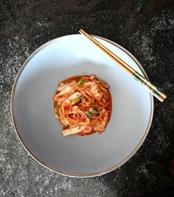 High angle view of food in plate on table
