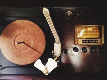 Close-up of high angle view record player