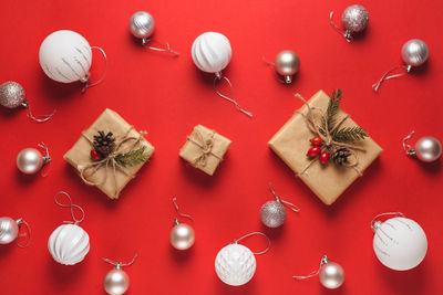 High angle view of christmas decorations on table