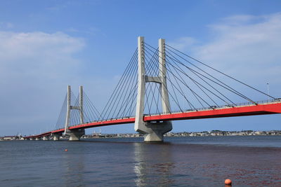 Low angle view of suspension bridge against sky