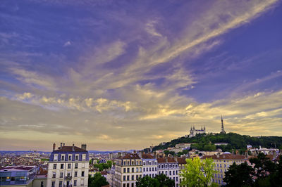 High angle view of buildings against cloudy sky