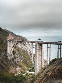 Arch bridge over river against sky