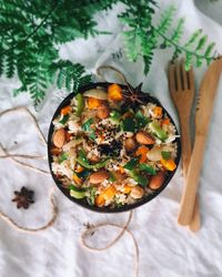 High angle view of vegetables in bowl on table