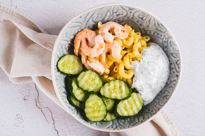 High angle view of food in plate on table