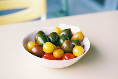 High angle view of fruits in bowl on table