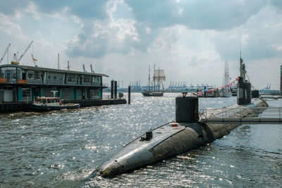 Submarine on river against sky