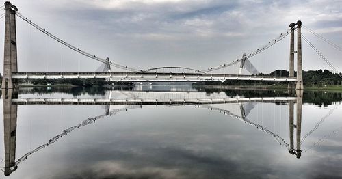Bridge over river against cloudy sky