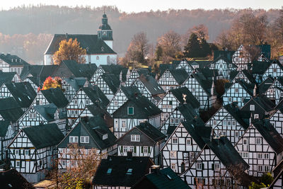 High angle view of buildings in town