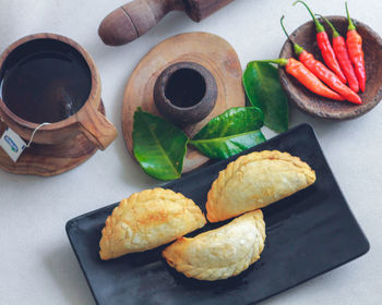 High angle view of food served on table