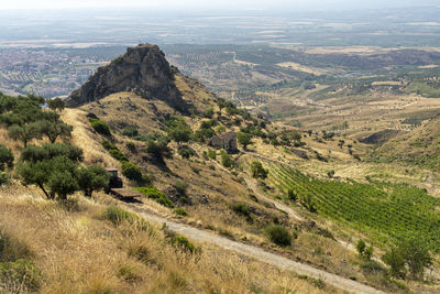 High angle view of land against sky