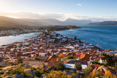 View of the chora village of poros island and galatas village.