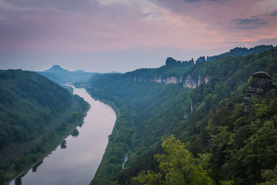 Scenic view of river against cloudy sky