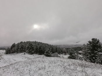 Scenic view of snow covered land against sky