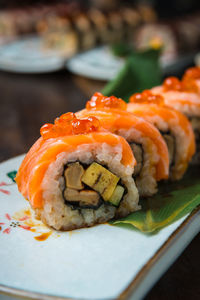Close-up of sushi served in plate