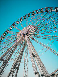 Low angle view of ferris wheel against clear blue sky