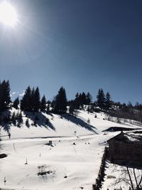 Snow covered land and trees against clear sky