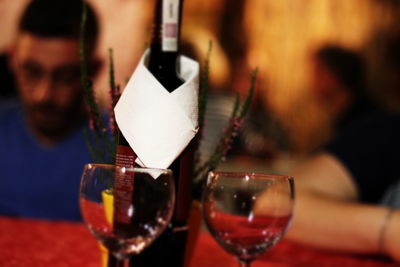 Close-up of beer drinking glass in restaurant