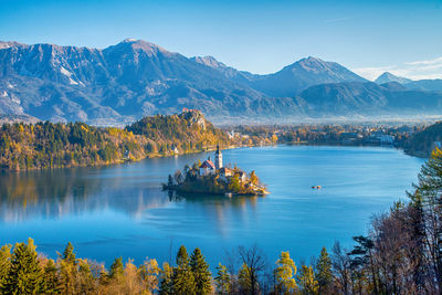 Scenic view of lake by mountains against sky