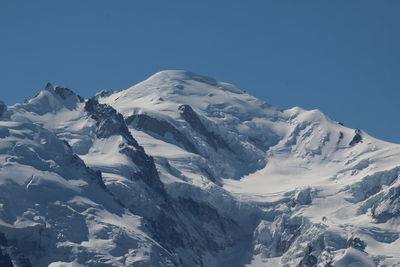 Scenic view of snowcapped mountains - mont blanc in alps - against clear blue sky