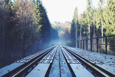 Railroad tracks by trees against sky