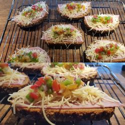 High angle view of food served on table