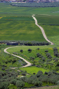 High angle view of road amidst land