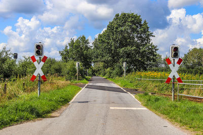 Road amidst trees and plants against sky