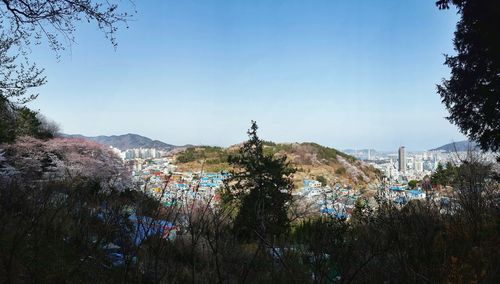 Panoramic view of landscape against clear blue sky