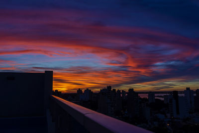 Silhouette buildings against dramatic sky during sunset