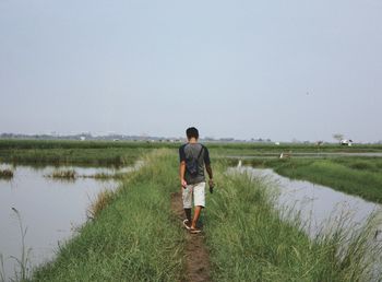 Rear view of man walking on field against clear sky