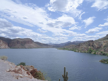 Lake against rocky landscape