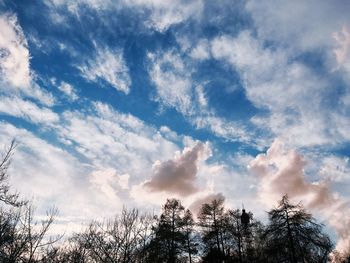 Low angle view of trees against cloudy sky