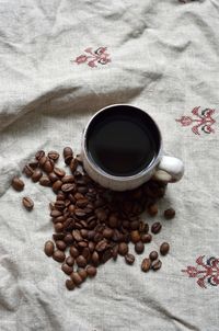 High angle view of coffee cup on table