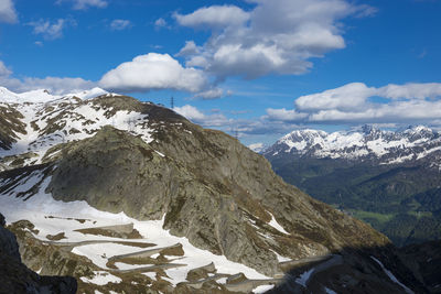 Scenic view of snow covered mountains against sky