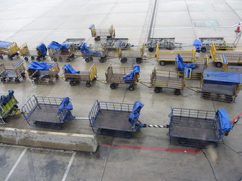 High angle view of airplane on airport runway