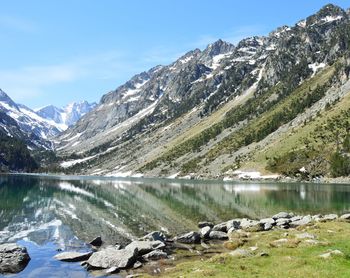 Scenic view of lake by snowcapped mountains against sky