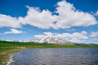 Scenic view of snowcapped mountains against sky