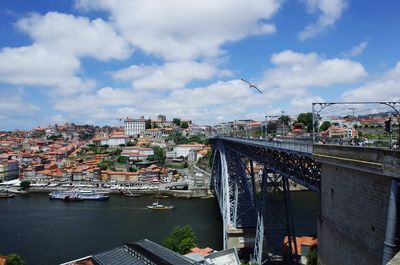 Bridge over river in city against sky