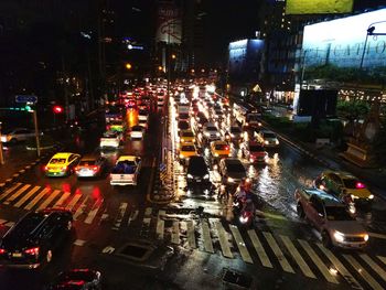 High angle view of traffic on city street at night