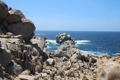 Panoramic view of sea against clear blue sky