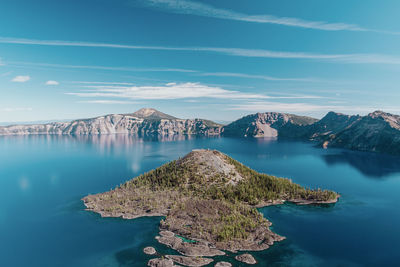 Scenic view of lake by mountains against sky