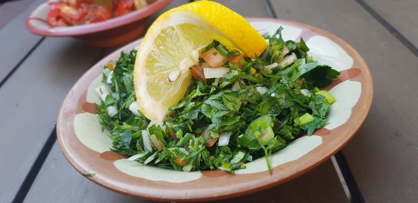 High angle view of salad in plate on table