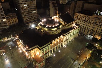 High angle view of illuminated buildings at night